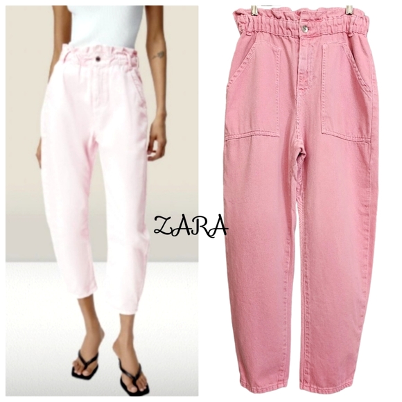 Nwot Zara Pink Paperbag High-waist Carrot Leg Rigid Ankle Jeans - Picture 1 of 17